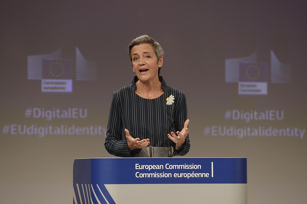 European Commissioner for Europe fit for the Digital Age Margrethe Vestager speaks during a media conference at EU headquarters in Brussels, Thursday, June 3, 2021. The European Union unveiled plans Thursday for a digital ID wallet that residents can use to access services across the bloc, in an effort to accelerate the shift to online for its post-pandemic recovery strategy. (Stephanie Lecocq, Pool via AP)