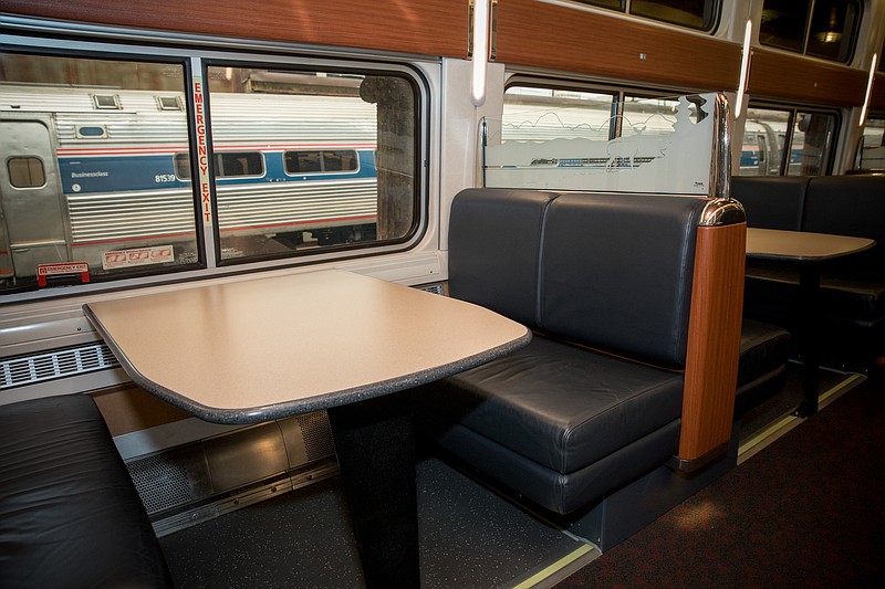 The dining car of a long-distance Amtrak train on display at Union Station in 2019. MUST CREDIT: Photo for The Washington Post by Evelyn Hockstein