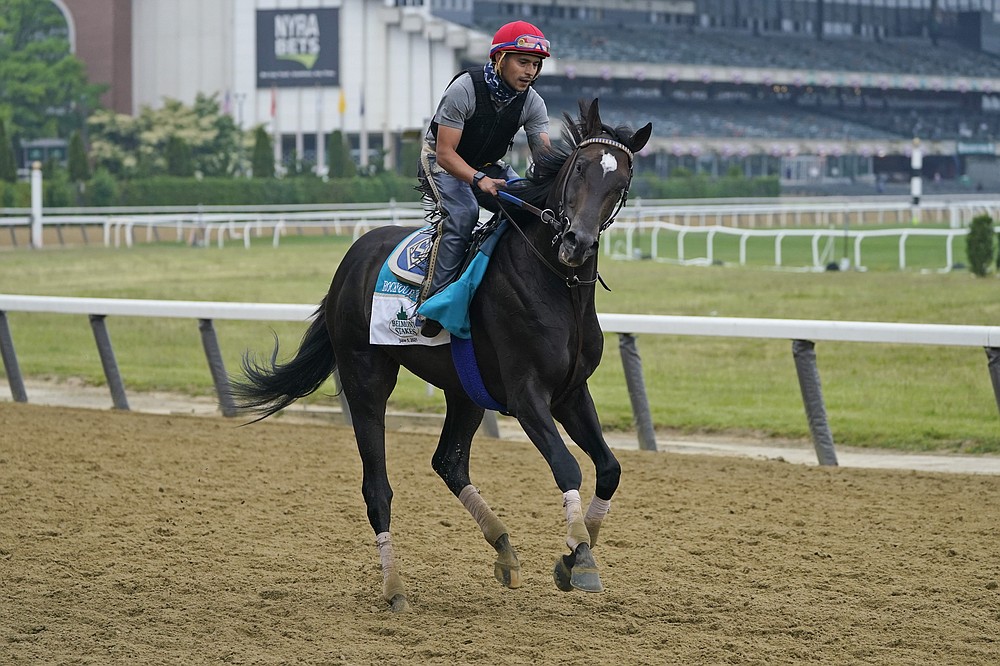 Rock Your World trains ahead of the 153rd running of the Belmont Stakes horse race in Elmont, N.Y., Thursday, June 3, 2021. (AP Photo/Seth Wenig)