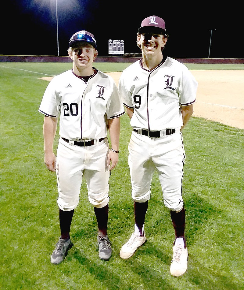 MARK HUMPHREY  ENTERPRISE-LEADER/Brothers, Lincoln 2021 graduate Noah Moore (left) and rising sophomore Drew Moore got to play together for one season of high school baseball and both were named to the 3A-1 All-Conference team. Noah played catcher and batted .493 with 10 doubles, five home runs and 28 RBIs, while Drew pitched 43.2 innings, striking out 68 against 42 bases-on-balls with a 4.4 ERA.