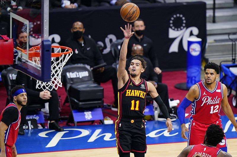 Atlanta Hawks' Trae Young goes up for a shot during the second half of Game 1 of a second-round NBA basketball playoff series against the Philadelphia 76ers, Sunday, June 6, 2021, in Philadelphia. (AP Photo/Matt Slocum)