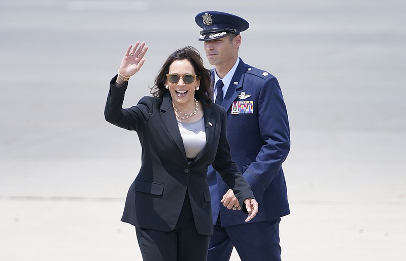 Vice President Kamala Harris waves goodbye prior boarding Air Force Two at Andrews Air Force Base, Md., Sunday, June 6, 2021, en route to Guatemala City. (AP Photo/Jacquelyn Martin)