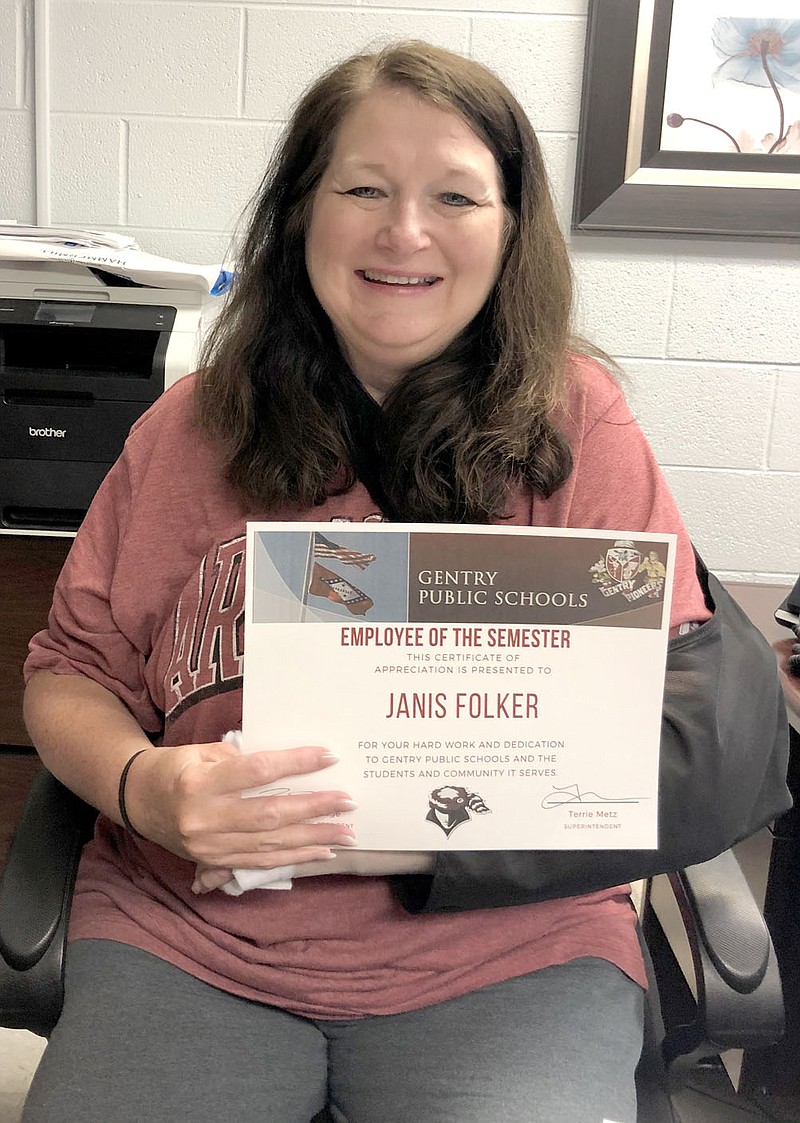 SUBMITTED
Janice Folkner received a classified employee of the semester award for her work in the Gentry Public Schools.