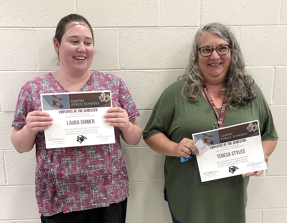 SUBMITTED
Laura Shimmer and Teresa Styles received classified employee of the semester awards for their work in the Gentry Public Schools.