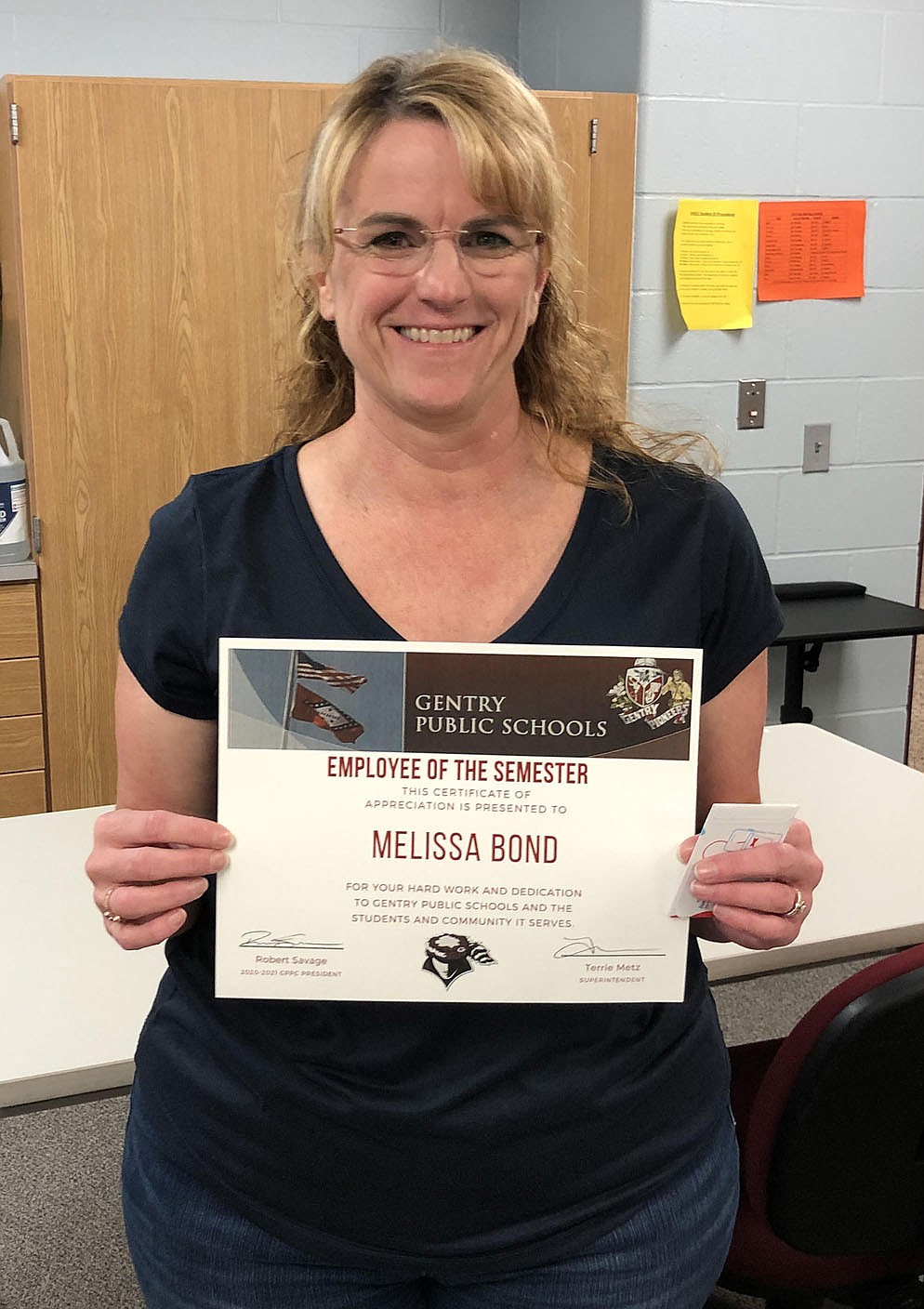 SUBMITTED
Melissa Bond received a classified employee of the semester award for her work in the Gentry Public Schools.