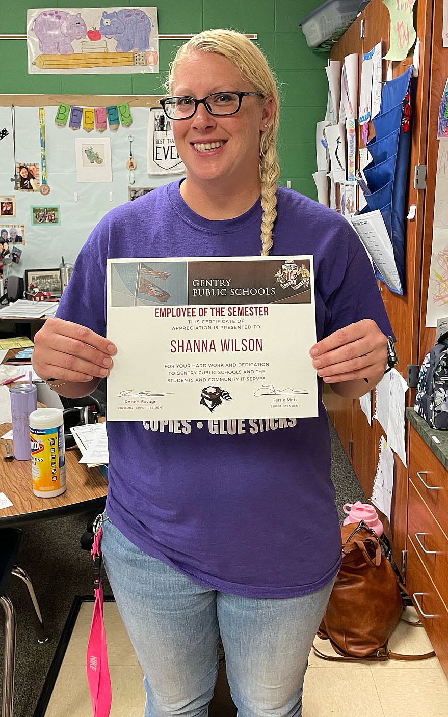 SUBMITTED
Shanna Wilson received a classified employee of the semester award for her work in the Gentry Public Schools.