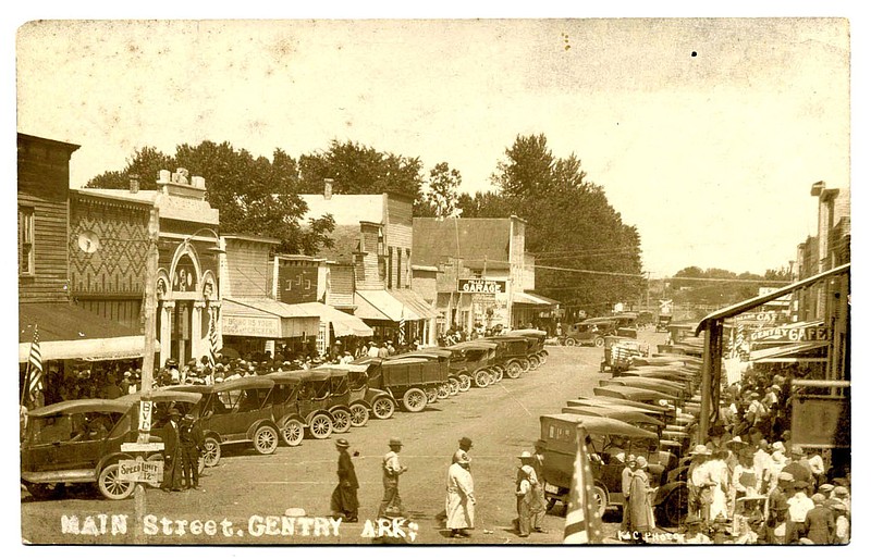 This postcard from about 1918 shows a busy Main Street on downtown Gentry.
