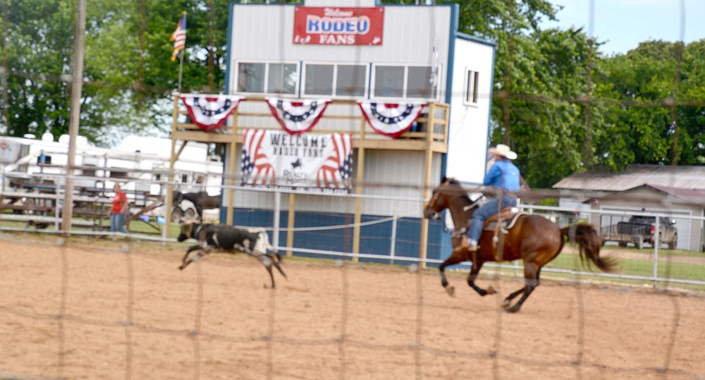 Marc Hayot/Herald-Leader Brodie Poppino ropes his steer in 9.2 seconds during the third round of the Steer Roping event at the Colcord Rodeo on Saturday. Poppino scored a 12.0 overall for three rounds at the rodeo.
