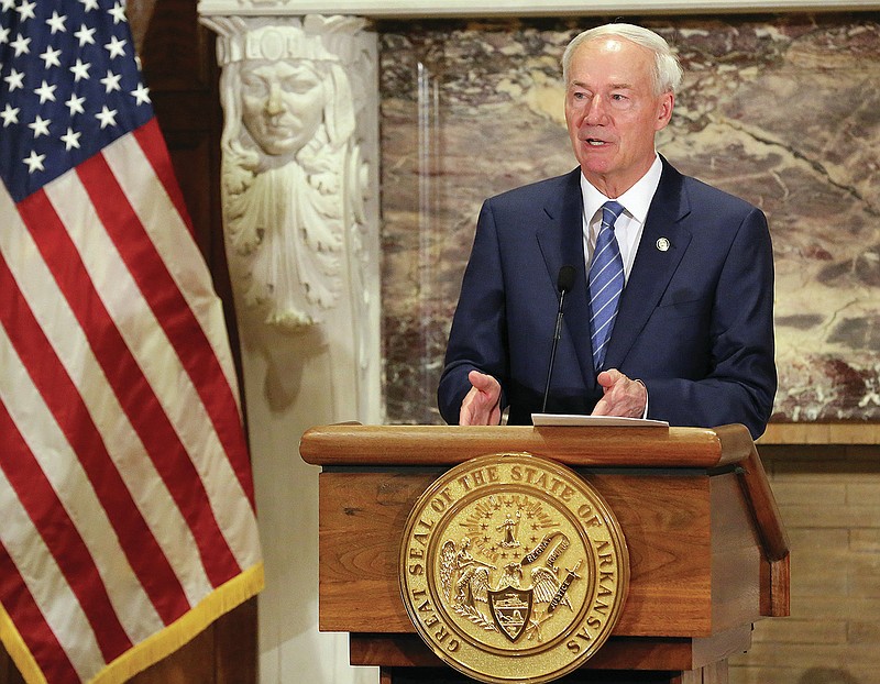 Gov. Asa Hutchinson announces merit-based pay raises for state employees during the weekly media briefing on Tuesday, June 8, 2021, at the state Capitol in Little Rock. More photos at www.arkansasonline.com/69gov/ (Arkansas Democrat-Gazette/Thomas Metthe)