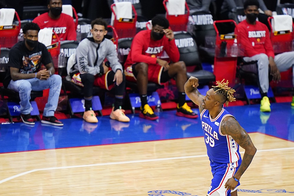 Philadelphia 76ers' Dwight Howard reacts after making a basket during the second half of Game 2 in a second-round NBA basketball playoff series against the Atlanta Hawks, Tuesday, June 8, 2021, in Philadelphia. (AP Photo/Matt Slocum)