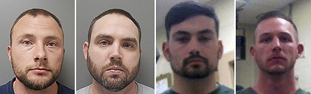 FILE - This combination of photos provided by the Ouachita Correctional Center and Franklin Parish Sheriff's Office shows, from left, Louisiana State Police Troopers Jacob Brown, Randall Dickerson, George Harper and Dakota DeMoss. Court filings show Louisiana State Police troopers joked in a group text about beating a Black man after a high-speed chase, saying the beating would give the man "nightmares for a long time." The May 2020 arrest of Antonio Harris bears strong resemblance to the State Police pursuit a year earlier that ended in the death of Ronald Greene. (Ouachita Correctional Center and Franklin Parish Sheriff's Office via AP)