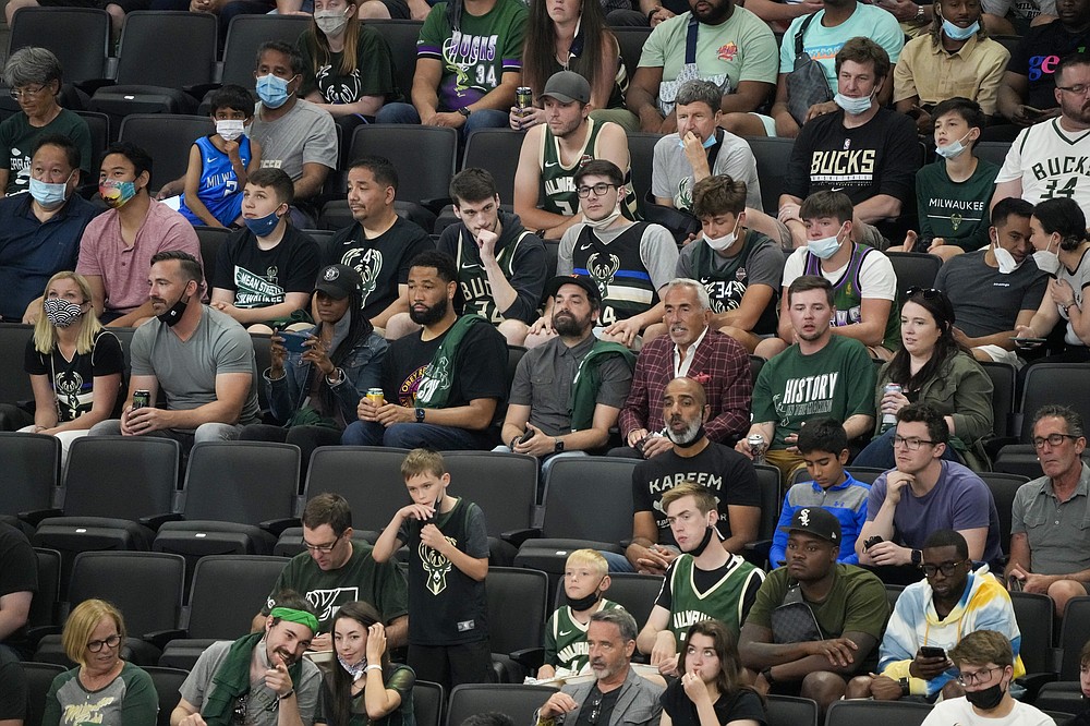 Fiserv Forum is at full capacity for the first time in over a year during the first half of Game 3 of the NBA Eastern Conference basketball semifinals game between the Milwaukee Bucks and the Brooklyn NetsThursday, June 10, 2021, in Milwaukee. (AP Photo/Morry Gash)