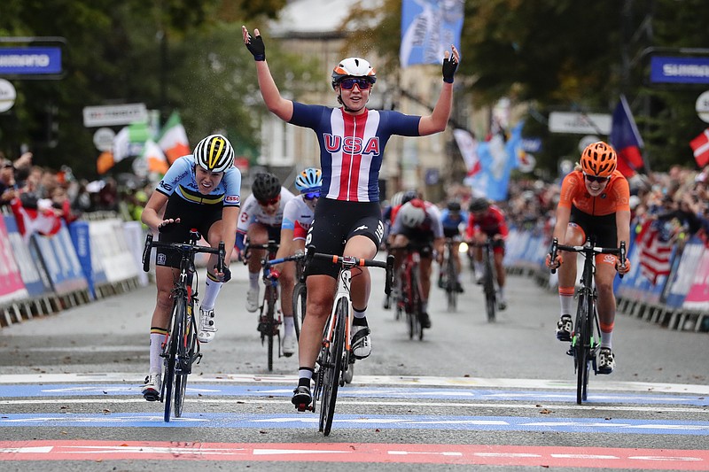 United States' Megan Jastrab celebrates winning the women junior event at the road cycling World Championships in Harrogate, England, on Sept. 27, 2019. The cycling team that the U.S. is taking to the Tokyo Olympics is a little bit different than the one it would have taken a year ago, when the COVID-19 pandemic forced organizers to postpone the Summer Games by an entire year. Among those on the team announced Thursday are mountain biker Haley Batten, who's been on the podium each of the first two World Cup races of the season; Jastrab, the 19-year-old track cycling prodigy who will be part of the gold medal-favorite women's pursuit team and also contest the Madison; and 23-year-old time trial star Brandon McNulty. - Photo by Manu Fernandez of The Associated Press