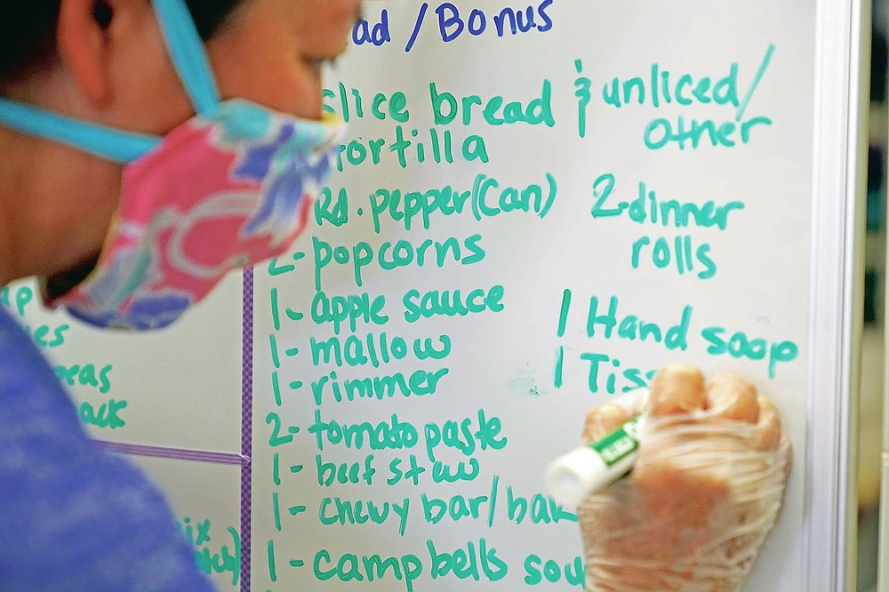 Cheryl Mah lists available items at Porchlight Community Service food pantry Thursday, May 6, 2021, in San Diego. For millions of Americans with food allergies or intolerances, the pandemic has created a particular crisis: Most food banks and government programs offer limited options. (AP Photo/Gregory Bull)