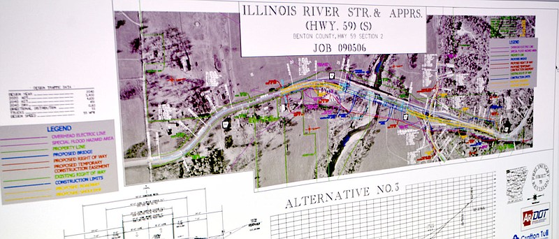 Marc Hayot/Siloam Sunday The Arkansas Department of Transportation (ArDOT) held an open house at the Holiday Inn Express in Siloam Springs to discuss the latest alternative for the new bridge on Highway 59 shown above. The proposed route will go through the southern end of where the current bridge is located at and will go through Arkansas 59 Canoeing an Rafting as well as part of the property of GoForth Farms. When asked about the early responses to the project Section Head Ruby Jordan-Johnson said "In my opinion there are citizens who like and there are citizens who may not like it." Jordan Johnson said that was the same for every project, but the sole reason for the open house was to get comments and see if there was anything else that could be done from a design standpoint.