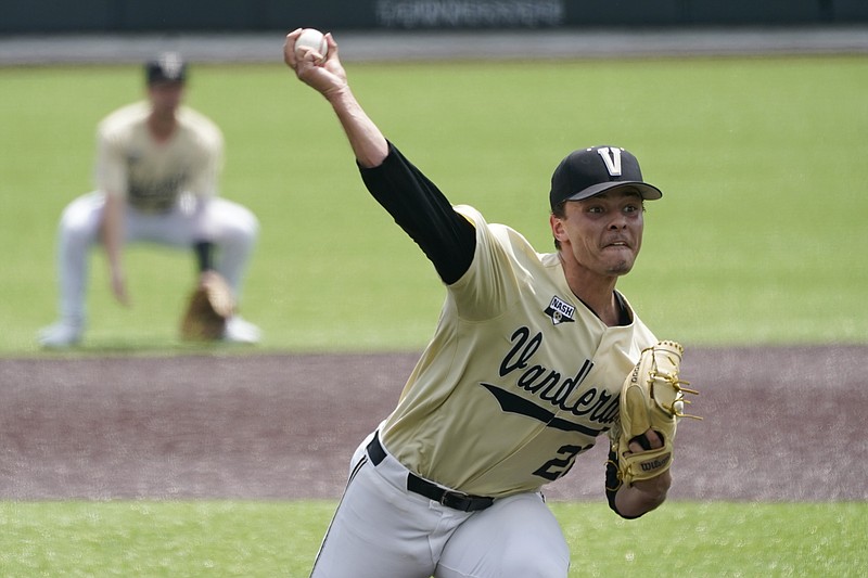 Vanderbilt pitcher Jack Leiter throws against East Carolina during the first inning of an NCAA college baseball super regional game Saturday, June 12, 2021, in Nashville, Tenn. (AP Photo/Mark Humphrey)