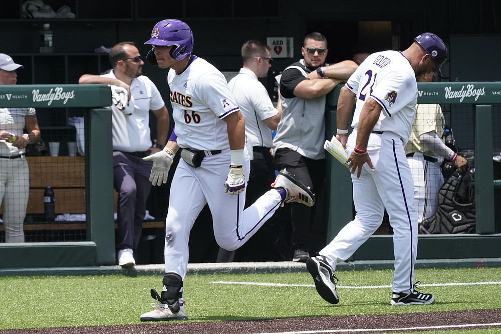 East Carolina's Josh Moylan (66) rounds the bases after hitting a home run against Vanderbilt in the seventh inning of an NCAA college baseball super regional game Saturday, June 12, 2021, in Nashville, Tenn. (AP Photo/Mark Humphrey)