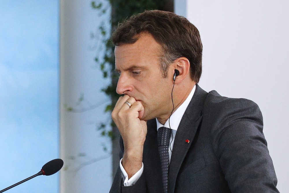 French President Emmanuel Macron attends a plenary session during the G7 summit in Carbis Bay, southern England, Sunday June 13, 2021. (Phil Noble/Pool via AP)