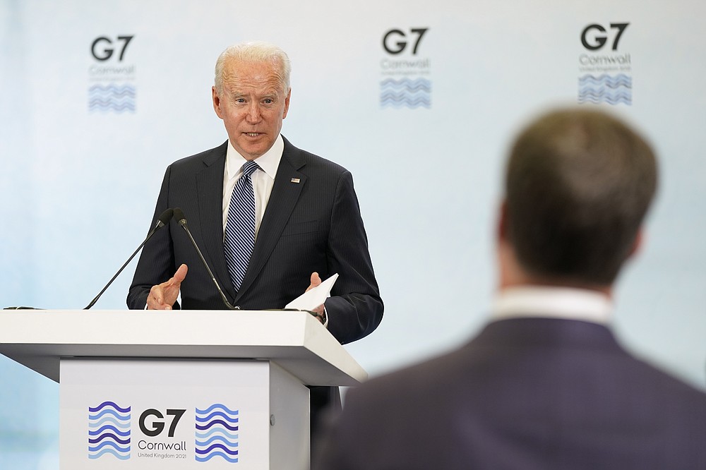 President Joe Biden speaks during a news conference after attending the G-7 summit, Sunday, June 13, 2021, at Cornwall Airport in Newquay, England. Biden is en route to Windsor, England, to meet with Queen Elizabeth II, and then on to Brussels to attend the NATO summit. (AP Photo/Patrick Semansky)