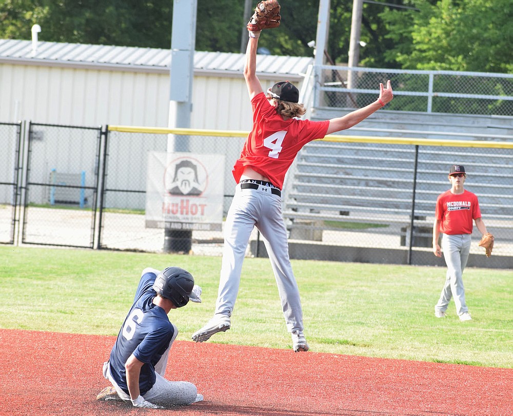 RICK PECK/SPECIAL TO MCDONALD COUNTY PRESS McDonald County second baseman Devin Stones skies for a high throw during the McDonald County 16U baseball team's 9-6 win over Joplin in an 8-on-8 league game on June 8 at Joe Becker Stadium in Joplin.