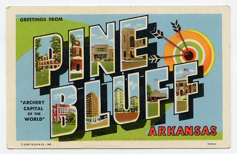 Pine Bluff, circa 1955: The city lay claim to being the “Archery Capital of the World” because of Ben Pearson, born in 1898 near Paron in Saline County. With only a grade school education, Pearson began a company in his Pine Bluff garage in the 1930s that soon became the world leader in mass producing archery equipment. The company was sold in the 1960s and passed through several owners before exiting Pine Bluff in the mid 1990s.
Arkansas Postcard Past, P.O. Box 2221, Little Rock, AR 72203