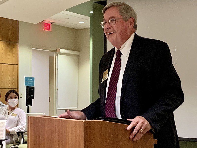 Tim Cornelius, Northwest Arkansas Community College vice president of career and workforce education, shares information on Amazon Web Services Academy cloud computing curriculum Monday at the Board of Trustees monthly meeting.