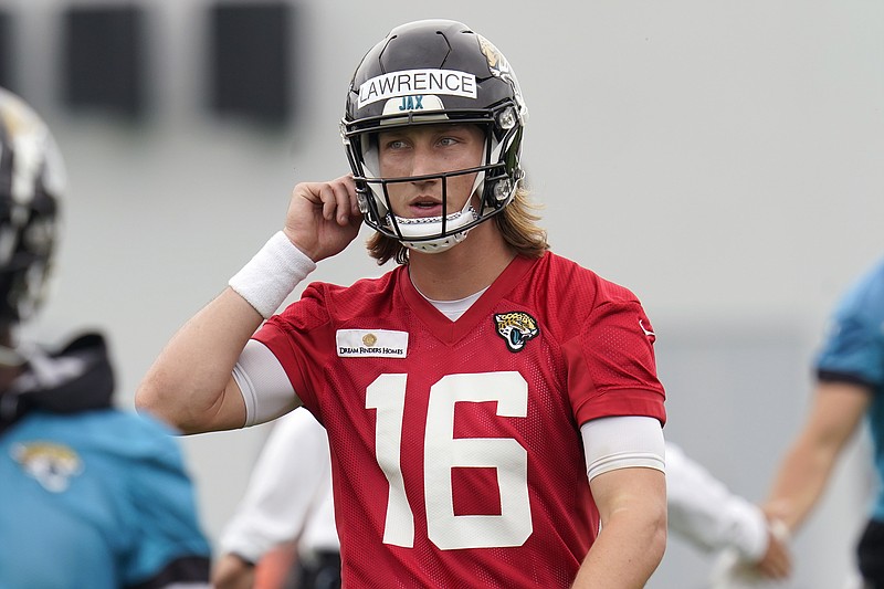 Jacksonville Jaguars quarterback Trevor Lawrence (16) is seen during the  first half of an NFL football