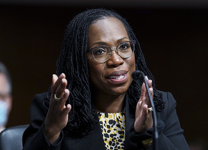 FILE - In this April 28, 2021 file photo, Ketanji Brown Jackson, nominated to be a U.S. Circuit Judge for the District of Columbia Circuit, testifies before a Senate Judiciary Committee hearing on pending judicial nominations, on Capitol Hill in Washington. The Senate is expected to narrowly confirm Ketanji Brown Jackson for the powerful U.S. Court of Appeals for the District of Columbia. She is widely expected to land on President Joe Biden's short list should a Supreme Court vacancy arise. (Kevin Lamarque/Pool via AP)