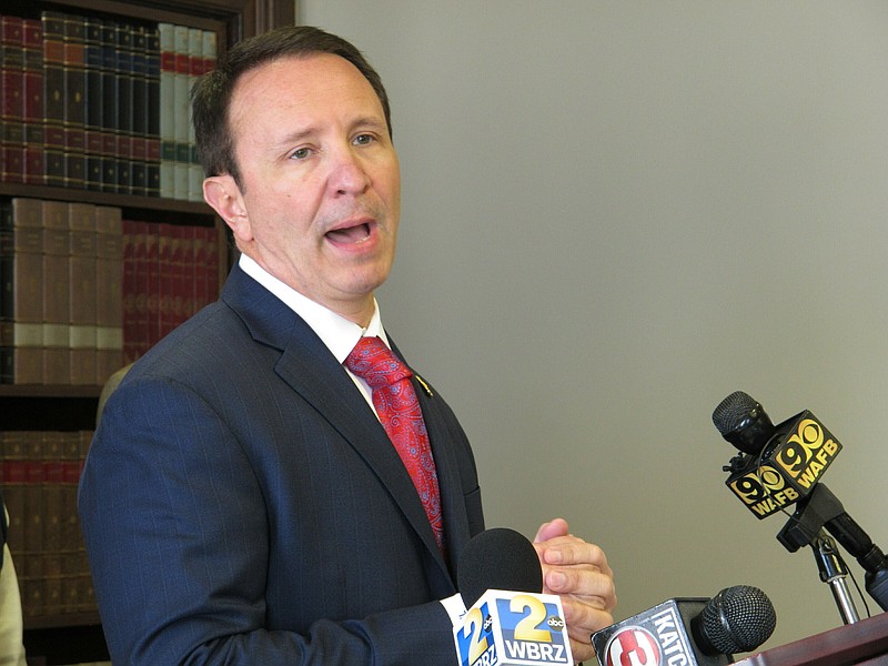 FILE - In this April 1, 2019 file photo, Louisiana Attorney General Jeff Landry talks about health care legislation he's backing in the upcoming session, in Baton Rouge, La. The Biden administration’s suspension of new oil and gas leases on federal land and water was blocked Tuesday by a federal judge in Louisiana. U.S. District Judge Terry Doughty's ruling came in a lawsuit filed in March by Louisiana’s Republican attorney general, Jeff Landry and officials in 12 other states.  (AP Photo/Melinda Deslatte, File)