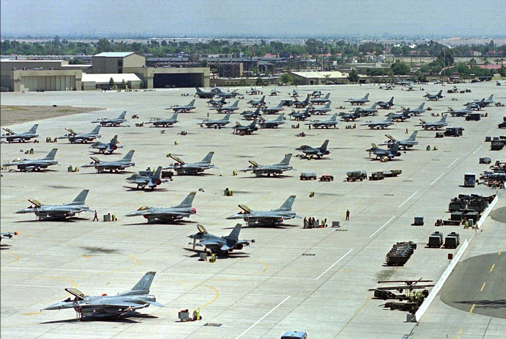 General Dynamics F-16 Fighting Falcons sit on the tarmac at Luke Air Force Base in Glendale, Ariz. Fort Smith city directors on Tuesday committed money from the city's general fund for a runway extension to accommodate a Singaporean F-16 training unit at Ebbing Air National Guard Base.
(File Photo/AP/Ken Levine)