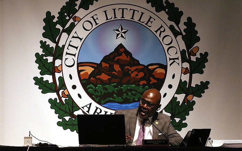 Little Rock Mayor Frank Scott Jr. discusses a motion during the Little Rock City Board meeting on Tuesday, June 15, 2021, at Little Rock Southwest High School. 
(Arkansas Democrat-Gazette/Thomas Metthe)