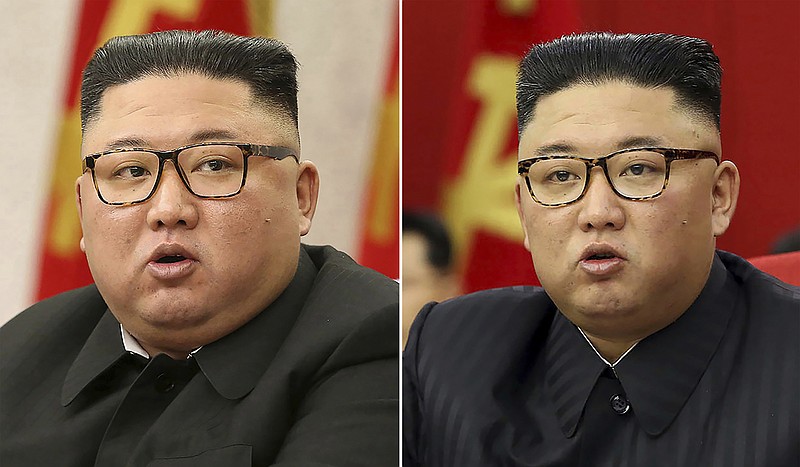 This combination of file photos provided by the North Korean government, shows North Korean leader Kim Jong Un at Workers' Party meetings in Pyongyang, North Korea, on Feb. 8, 2021, left, and June 15, 2021. Last time when Kim faced rumors about his health, the North Korean leader had walked with a cane, missed an important state anniversary or panted for breath. Now, the 37-year-old faces fresh speculation about his health because he looks thinner noticeably in recent state media images. Independent journalists were not given access to cover the event depicted in this image distributed by the North Korean government. The content of this image is as provided and cannot be independently verified. (Korean Central News Agency/Korea News Service via AP, File)