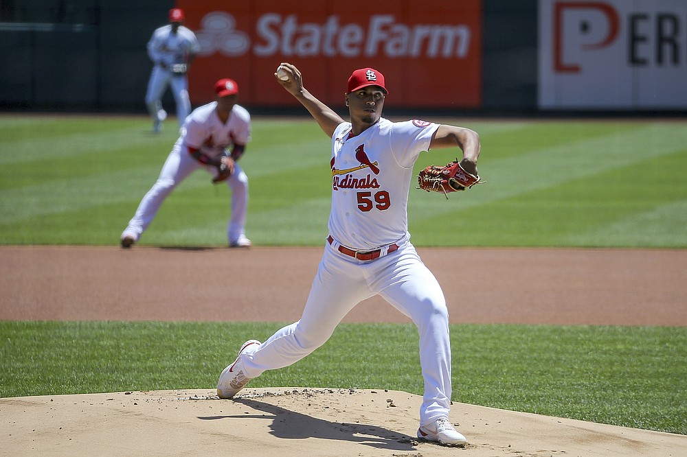 St. Louis Cardinals starting pitcher Johan Oviedo (59) throws during the first inning of a baseball game against the Miami Marlins Wednesday, June 16, 2021, in St. Louis. (AP Photo/Scott Kane)
