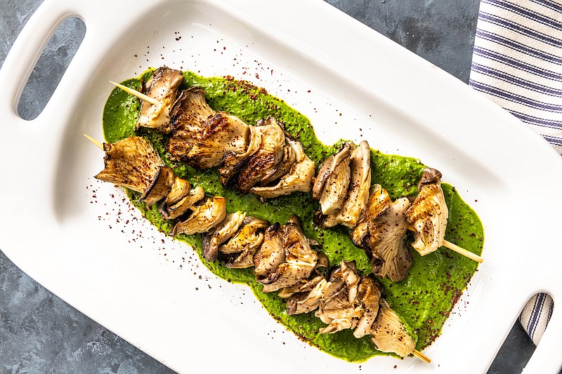 Grilled Oyster Mushroom Kebabs With Parsley-Spinach Puree (For The Washington Post/Laura Chase de Formigny)