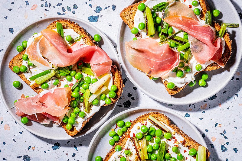 Whipped Ricotta Toasts With Green Garlic, Peas and Prosciutto (For The Washington Post/Rey Lopez)