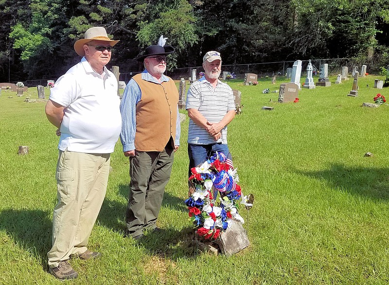 SAR members at the grave site, from left, Charles McLemore, Dale Lovell and Wayne Shewmake. - Submitted photo