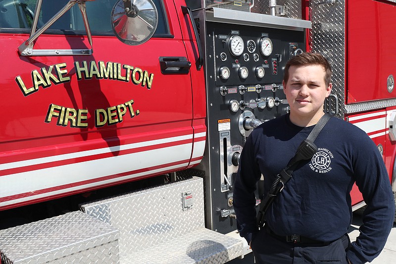 Lake Hamilton Fire Department firefighter Matt W. Simpson is shown at the department on Friday. - Photo by Richard Rasmussen of The Sentinel-Record