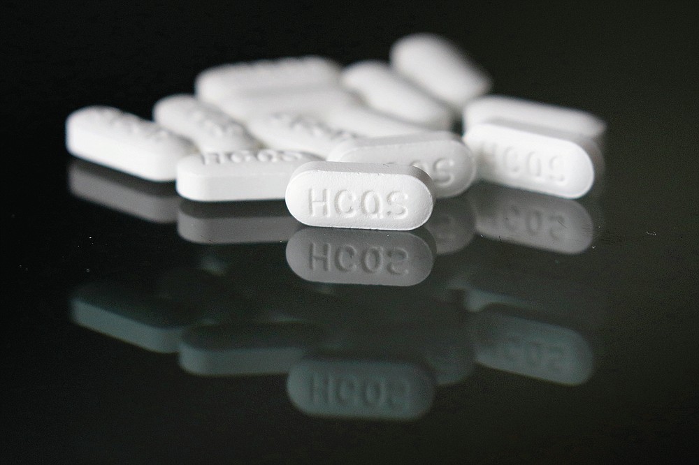 FILE - This Monday, April 6, 2020 file photo shows an arrangement of hydroxychloroquine pills in Las Vegas. On Friday, June 18, 2021, The Associated Press reported on stories circulating online incorrectly asserting the malaria drug hydroxychloroquine, when used with the antibiotic azithromycin, can improve survival by nearly 200% when given to COVID-19 patients on ventilators. Experts say the small study that this claim is based on proves nothing, and that enough evidence now exists from well-run studies to indicate that hydroxychloroquine is not effective for treating COVID-19. (AP Photo/John Locher, File)