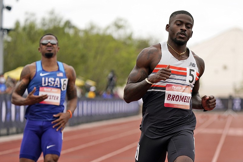 Trayvon Bromell, right, wins the 100-meter dash on May 15 during the Sound Running Track Meet in Irvine, Texas. Bromell is one of the favorites in a 100-meter field that includes Noah Lyles and veteran Justin Gatlin at the U.S. Olympic track and field trials. - Photo by Marcio Jose Sanchez of The Associated Press