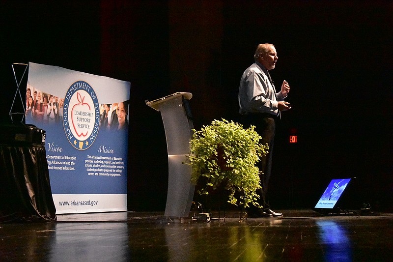 National education expert W. Richard Smith delivers a presentation to Arkansas educators during a conference held in the auditorium of the Pine Bluff Convention Center on Wednesday, June 16, 2021. (Pine Bluff Commercial/I.C. Murrell)