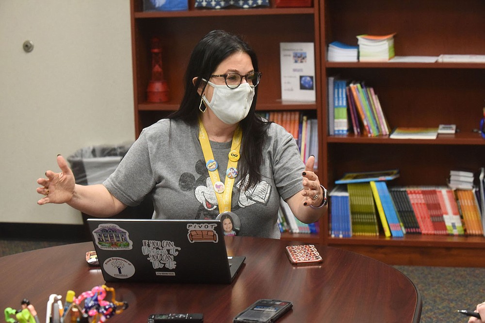 Regina Stewman, principal, talks Friday April 9 2021 about Sonora Elementary becoming a school of innovation.
(NWA Democrat-Gazette/Flip Putthoff)