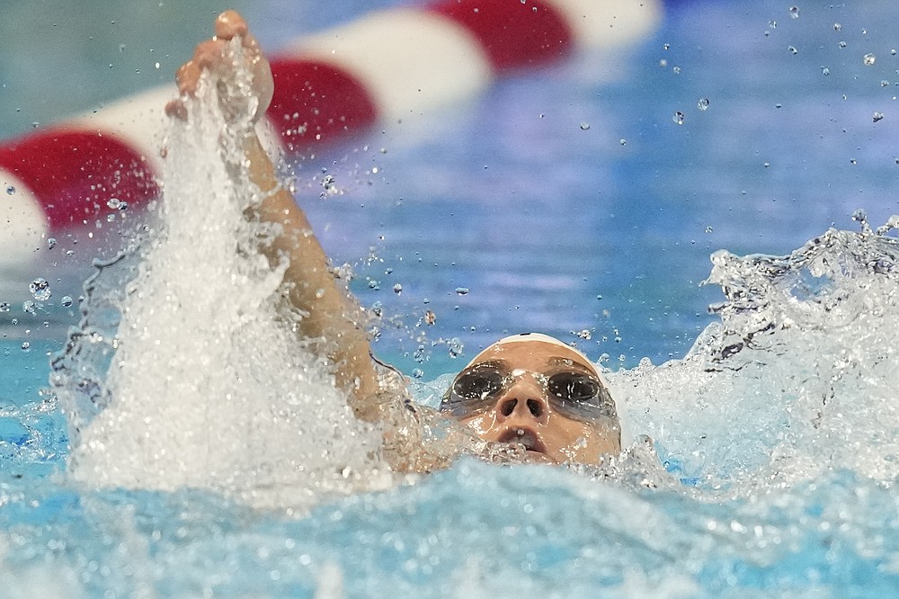 Rhyan White participates in the women's 200 backstroke during wave 2 of the U.S. Olympic Swim Trials on Saturday, June 19, 2021, in Omaha, Neb. (AP Photo/Charlie Neibergall)