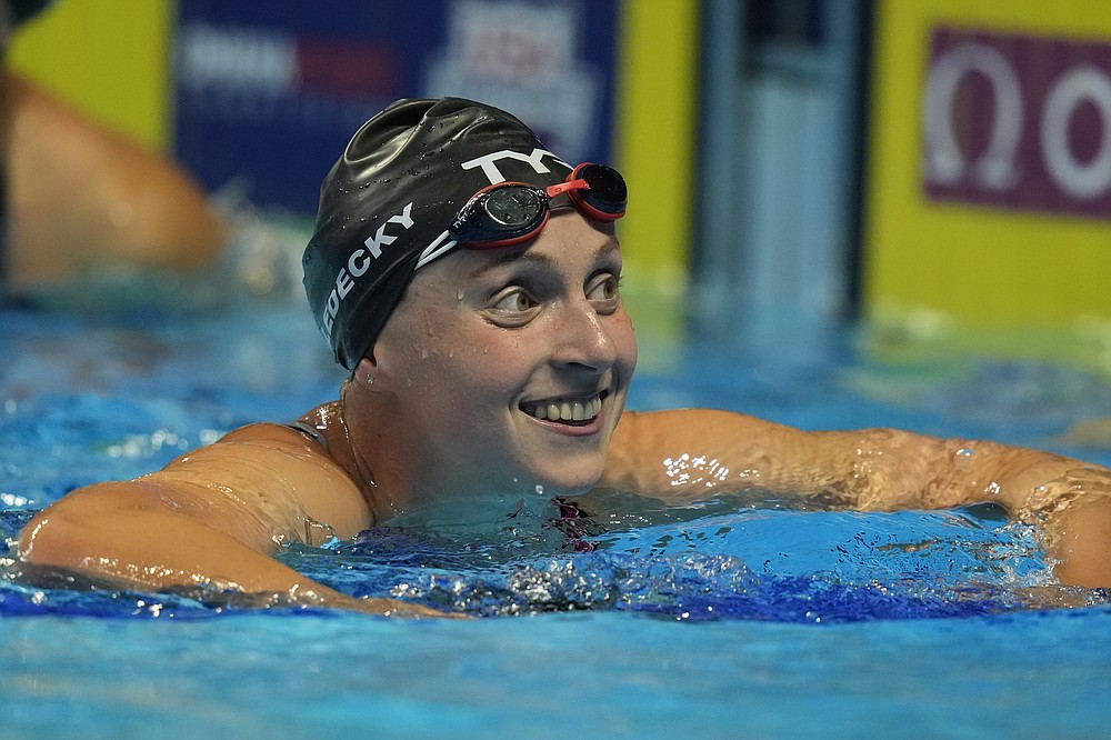 Katie Ledecky reacts after the women's 800 freestyle during wave 2 of the U.S. Olympic Swim Trials on Saturday, June 19, 2021, in Omaha, Neb. (AP Photo/Charlie Neibergall)