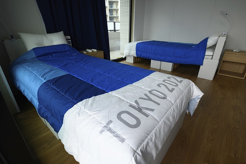 Recyclable cardboard beds and mattresses for athletes are seen during Sunday's media tour at the Olympic and Paralympic Village for the Tokyo 2020 Games, constructed in the Harumi waterfront district of Tokyo. - Photo by Akio Kon/Pool Photo via The Associated Press