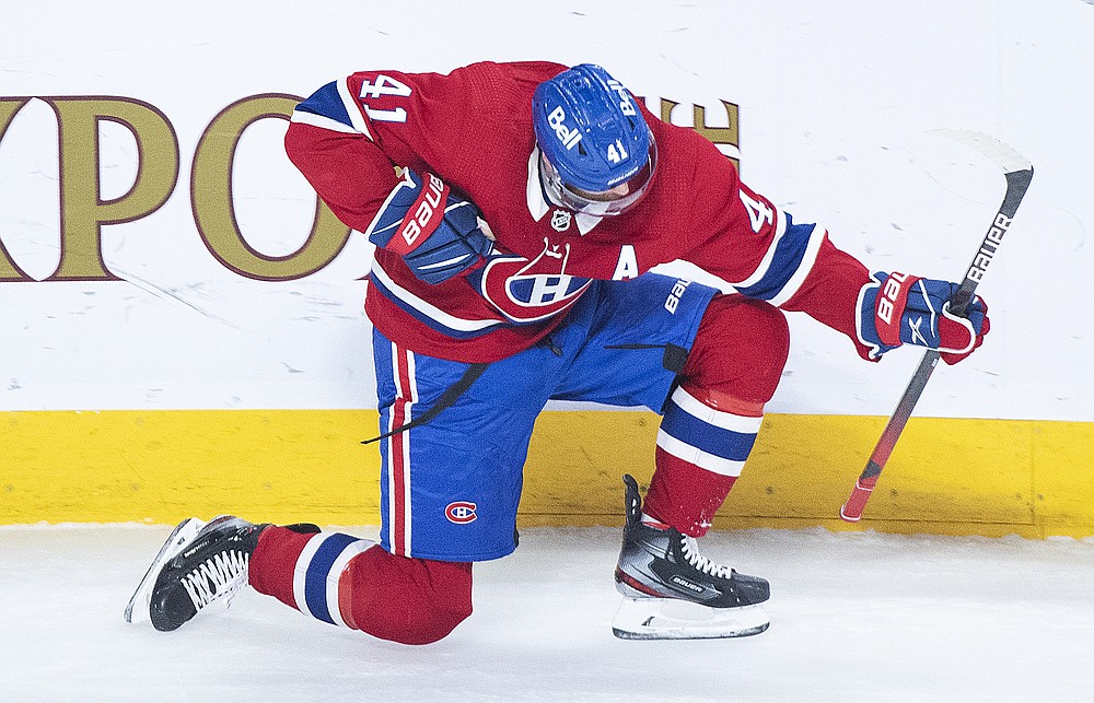 Montreal Canadiens' Paul Byron (41) celebrates his goal against the Vegas Golden Knights during the second period of Game 4 in an NHL Stanley Cup playoff hockey semifinal in Montreal, Sunday, June 20, 2021. (Graham Hughes/The Canadian Press via AP)