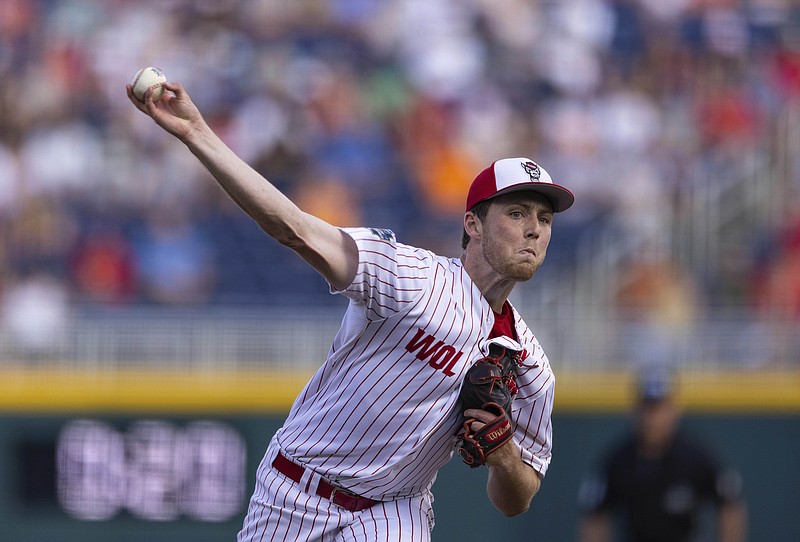 North Carolina State starting pitcher Sam Highfill throws against Vanderbilt in the first inning during a baseball game in the College World Series, Monday, June 21, 2021, at TD Ameritrade Park in Omaha, Neb. (AP Photo/Rebecca S. Gratz)
