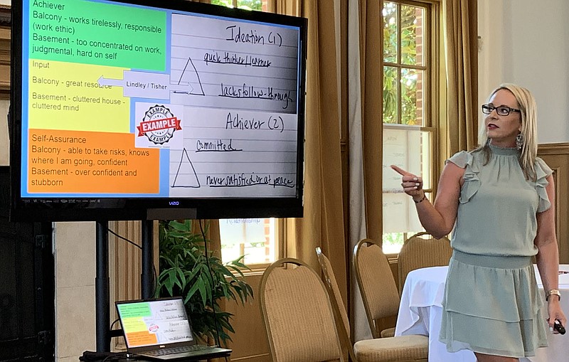 Shannon Tisher, curriculum, instruction and innovation associate superintendent,  discusses her personal strengths Tuesday at a Springdale School District collaborative session at the Springdale Country Club.