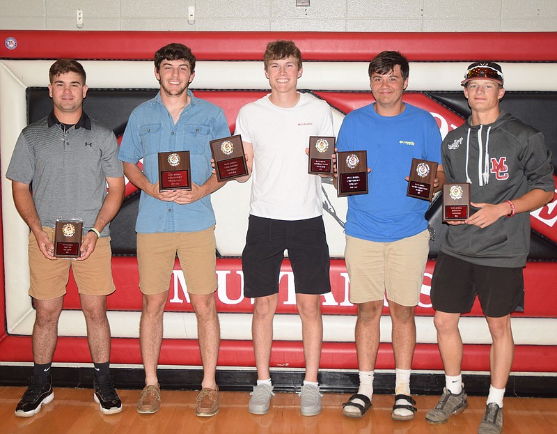 RICK PECK/SPECIAL TO MCDONALD COUNTY PRESS
McDonald County High School baseball coach Kevin Burgi presented team awards for the 2021 season at an athletic banquet held on June 22 at MCHS. From left to right: Cole Martin, MVP; Ethan Francisco, four-year commitment; Wade Rickman, four-year commitment and Baserunner of the Year; Ethan Lett, four-year commitment and Mustang Leadership; and, Jack Parnell, Defensive Player of the Year. Not present: Weston Gordon, Pitcher of the Year and Fisher Sanny, Junior Varsity MVP.