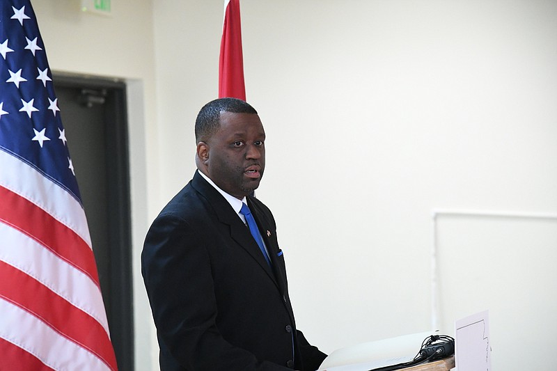 Anthony Bland announces he will seek the Democratic nomination for governor in Hot Springs on Wednesday at the Webb Community Center. - Photo by Tanner Newton of The Sentinel-Record