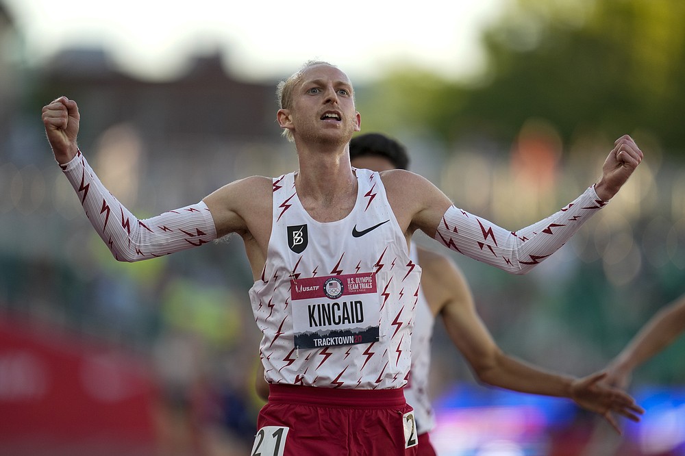 FILE - Woody Kincaid celebrates after winning the men's 10000-meter run at the U.S. Olympic Track and Field Trials in Eugene, Ore., in this Friday, June 18, 2021, file photo. Nike became a leader because it spearheaded innovation that helped people run faster. (AP Photo/Ashley Landis, File)